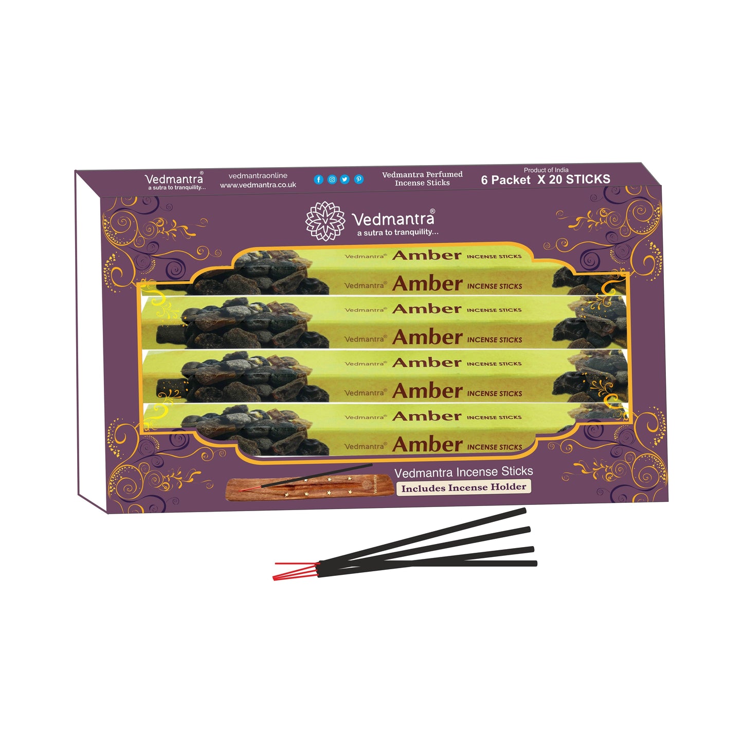 Vedmantra 6 Pack Premium Incense Stick - Amber.