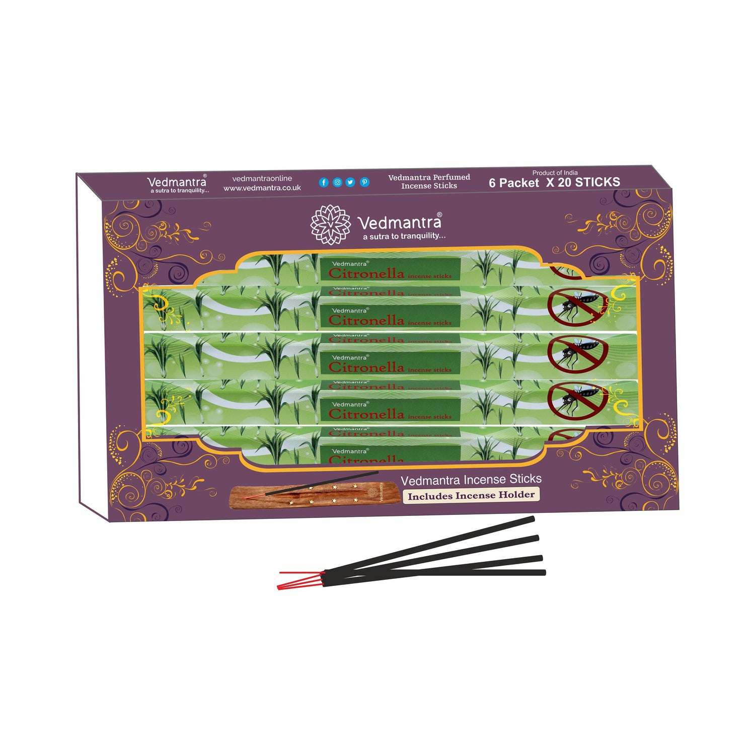 Vedmantra 6 Pack Premium Incense Stick - Citronella.