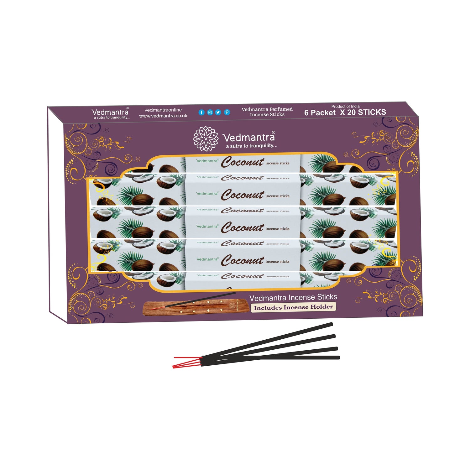 Vedmantra 6 Pack Premium Incense Stick - Coconut.