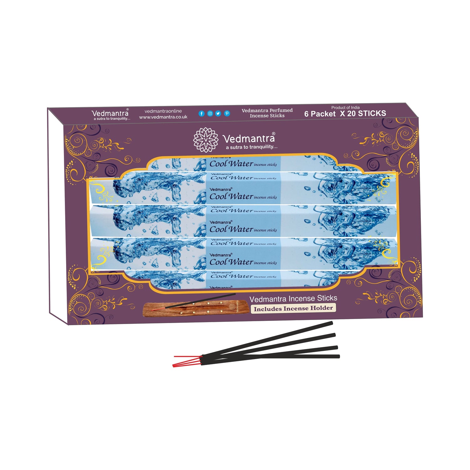 Vedmantra 6 Pack Premium Incense Stick - Cool Water.