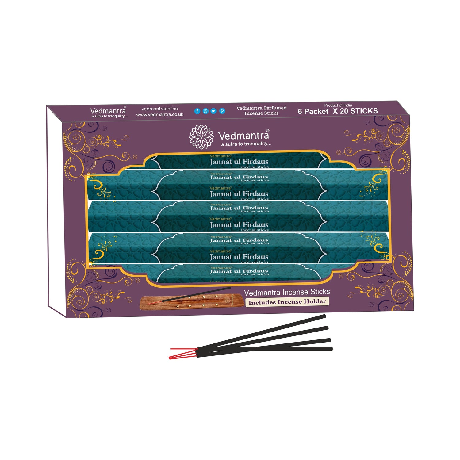 Vedmantra 6 Pack Premium Incense Stick - Jannat ul Firdaus.