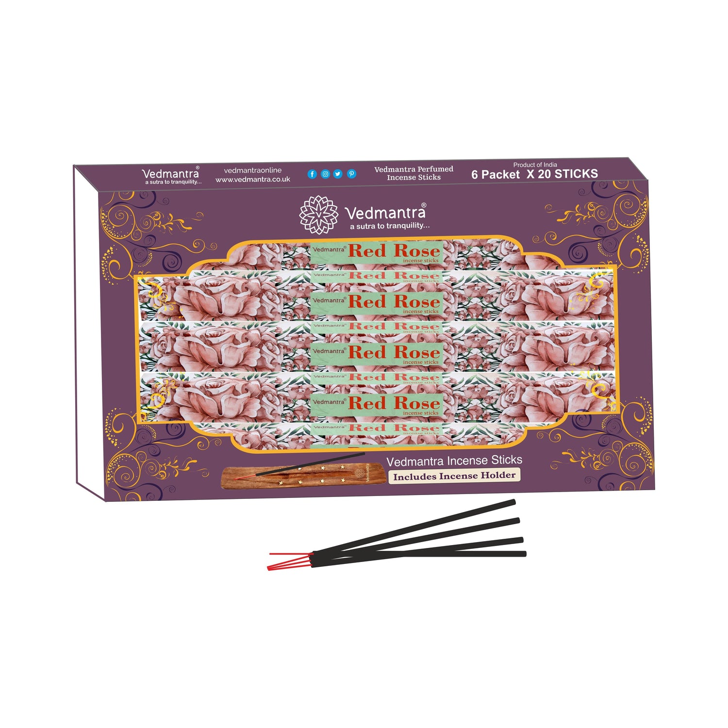 Vedmantra 6 Pack Premium Incense Stick - Red Rose.