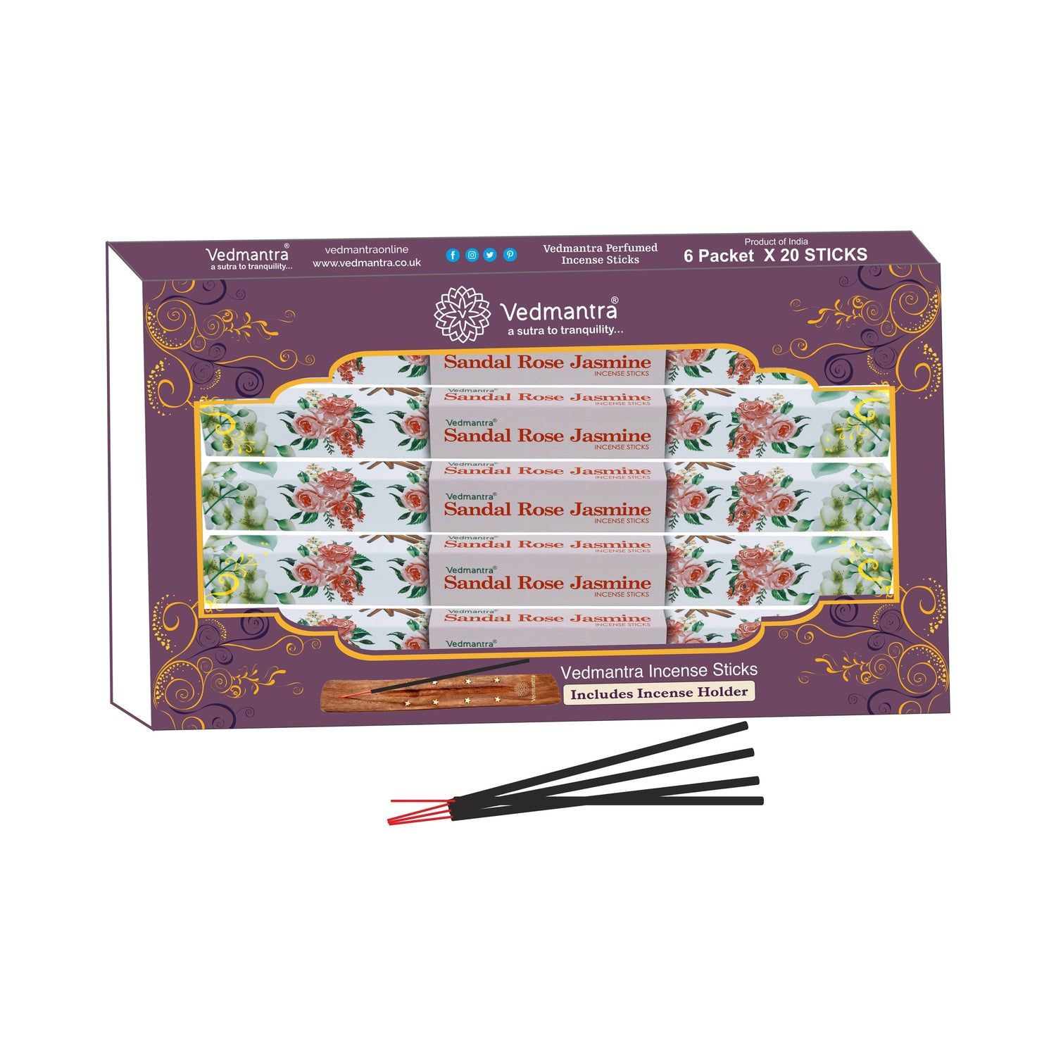 Vedmantra 6 Pack Premium Incense Stick - Sandal Rose Jasmine.